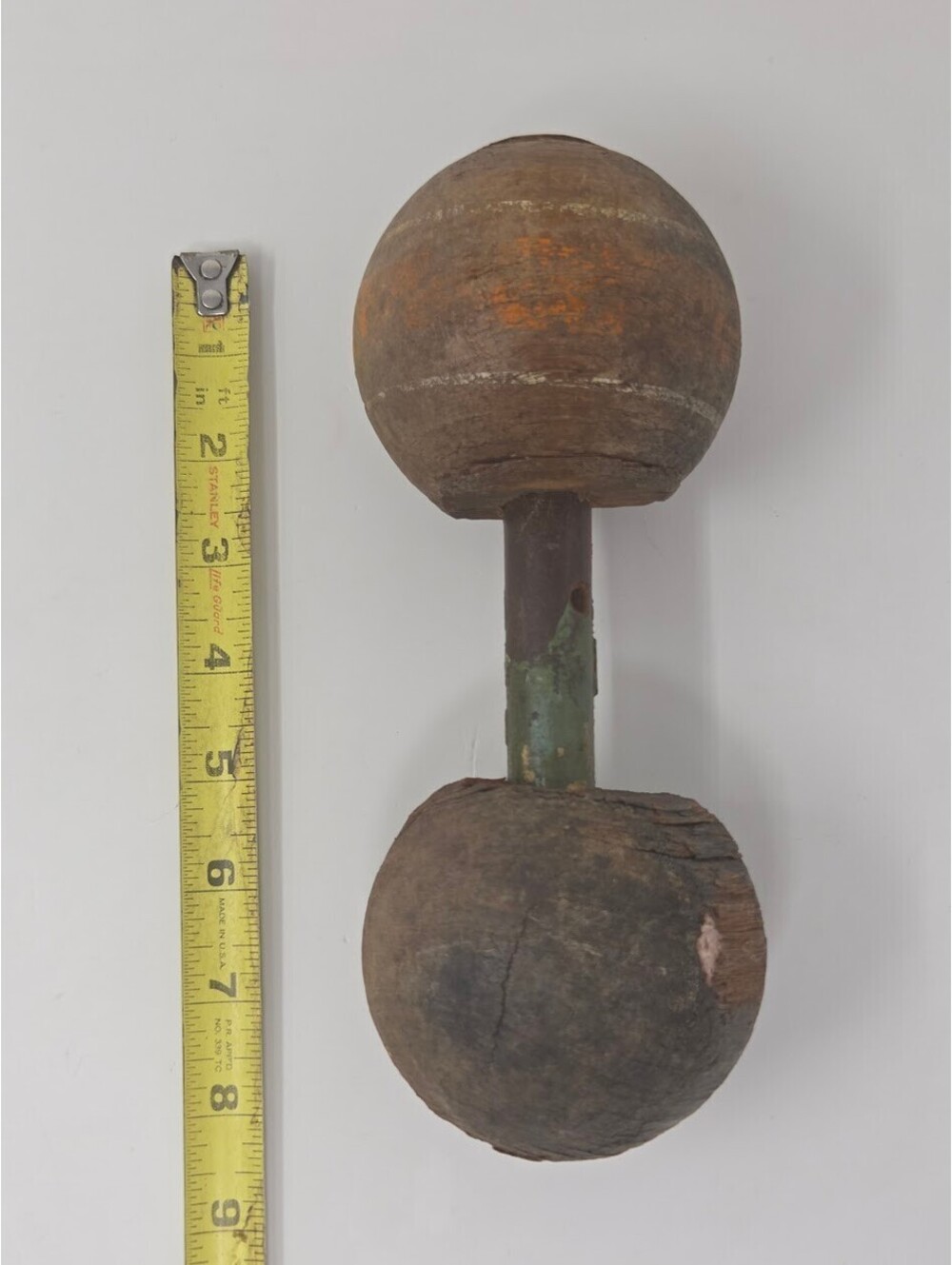 Vintage Handmade Wooden Dumbbell Exercise Weight Solid Wood Ball Ends RARE